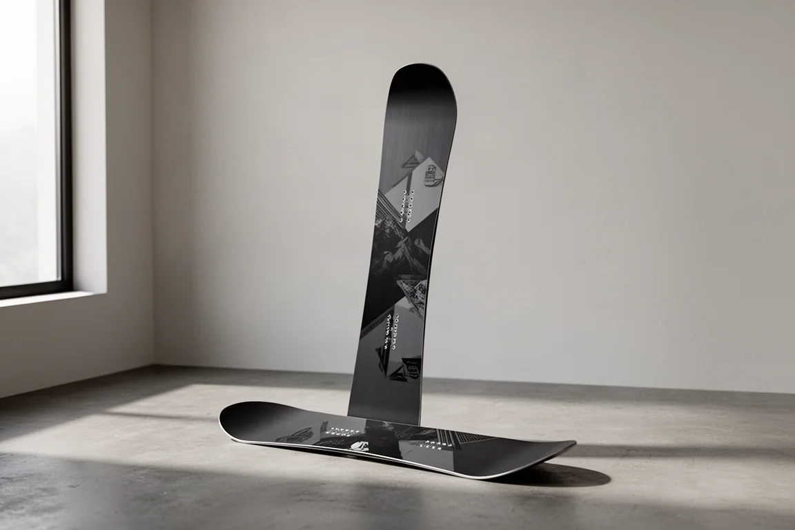 Yes Pyzel all-mountain snowboard standing upright showing its traditional camber profile