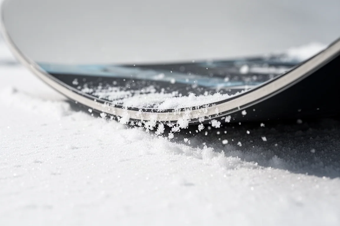 雪板拱型剖面在雪面上受壓彎曲的特寫