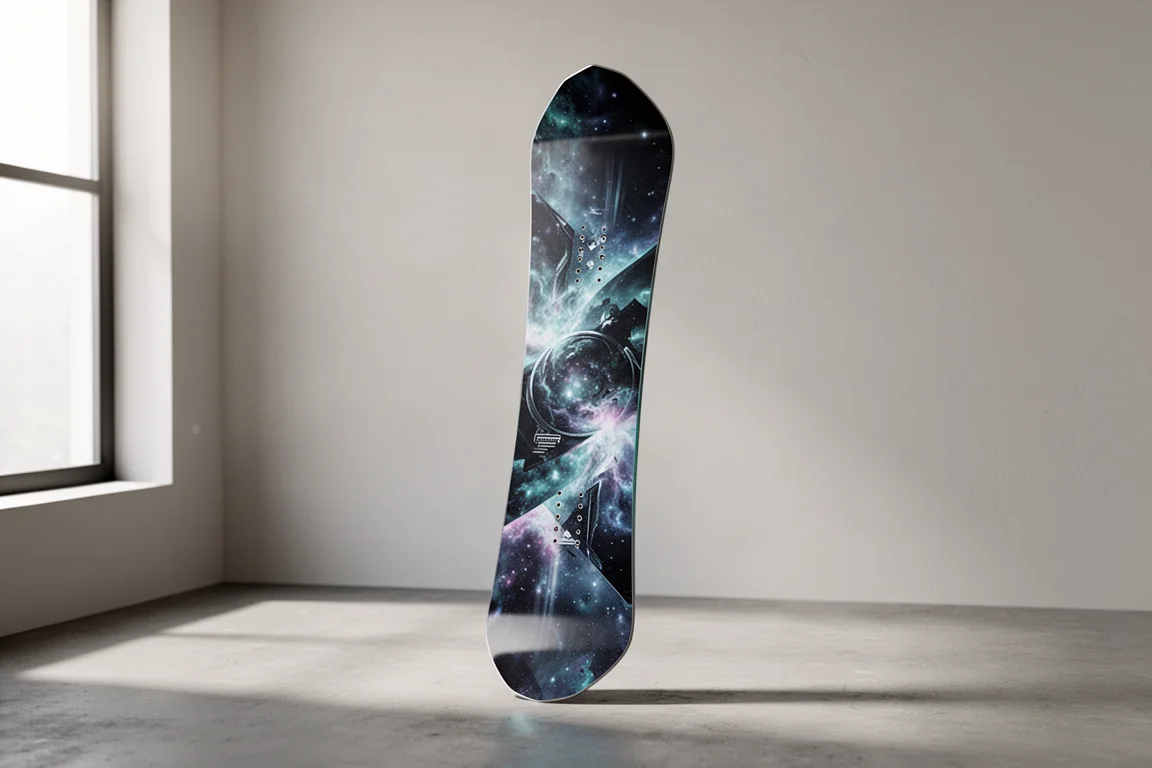 YES Rival women's snowboard standing upright with cosmic graphic on concrete