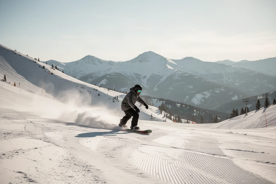 Snowboarder che scende lungo una pista illuminata dal sole in una giornata perfetta
