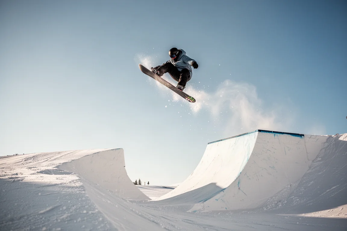 Snowboarder che si lancia in aria da un salto di snowpark