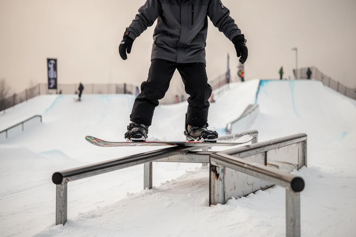 Snowboarder che fa un press su una rail in uno snowpark