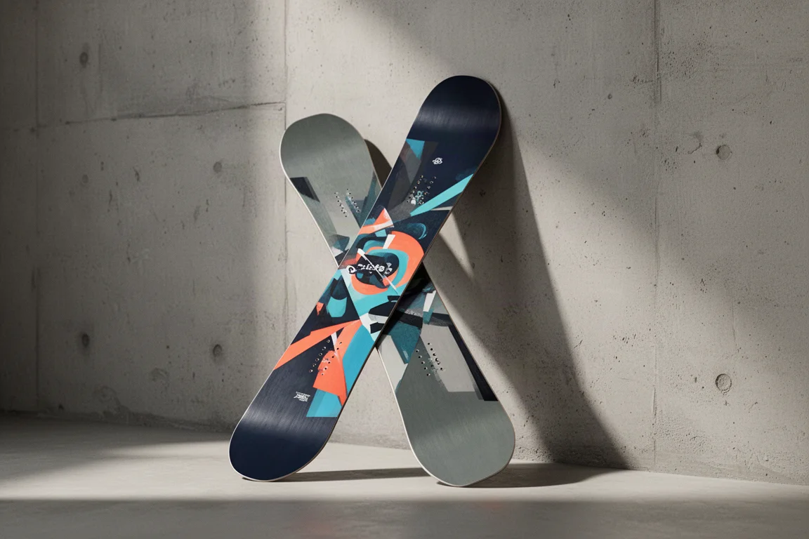 Yes Sender Extreme snowboard leaning against a concrete wall showing its camber profile