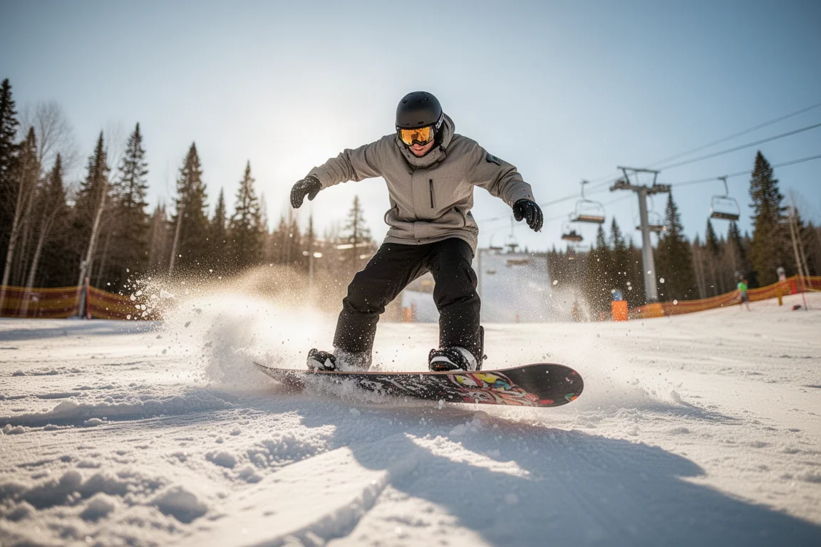 Snowboarder butters on a slushy spring park groomer under sunny skies