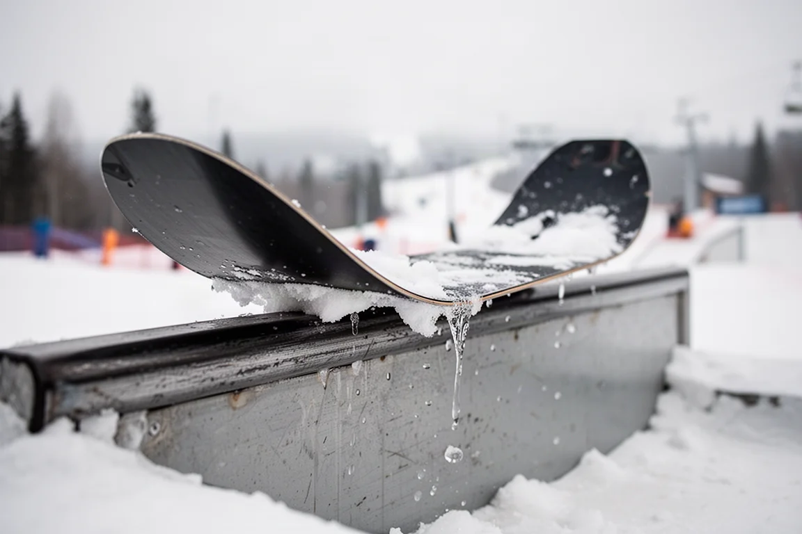 Close-up of a snowboard tail pressing on a metal park rail