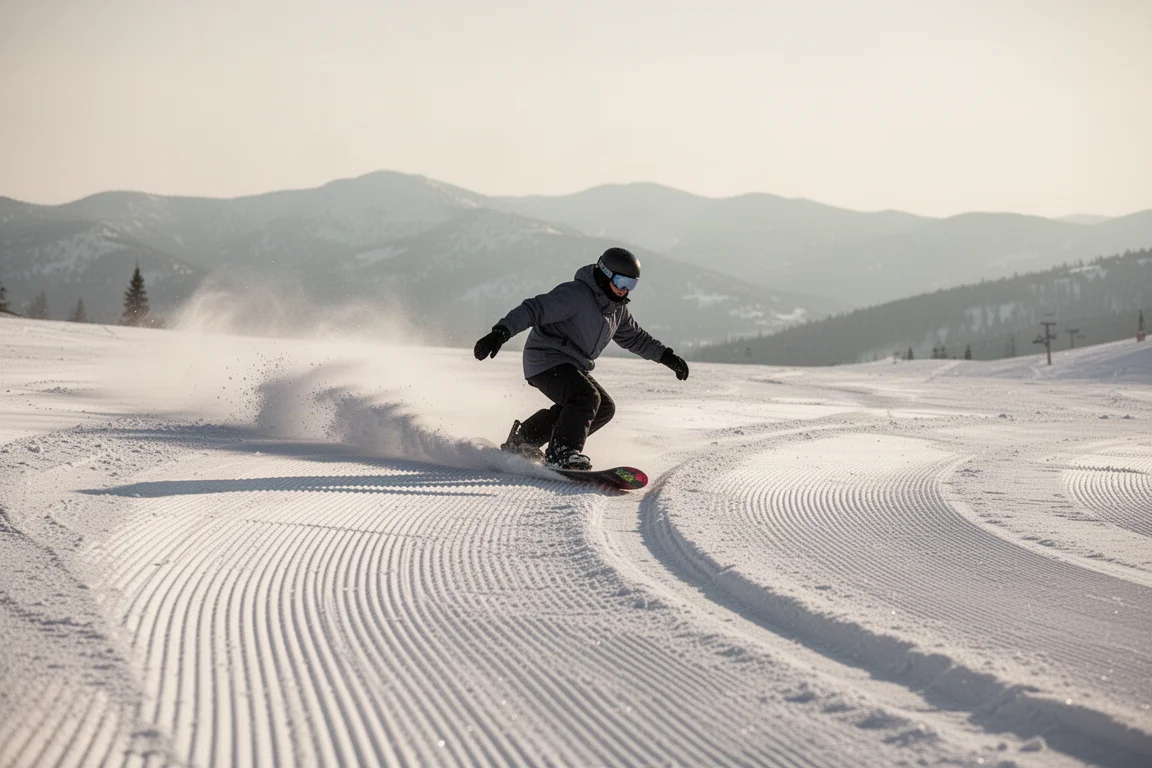 Snowboarder carving quick turns on a groomed slope