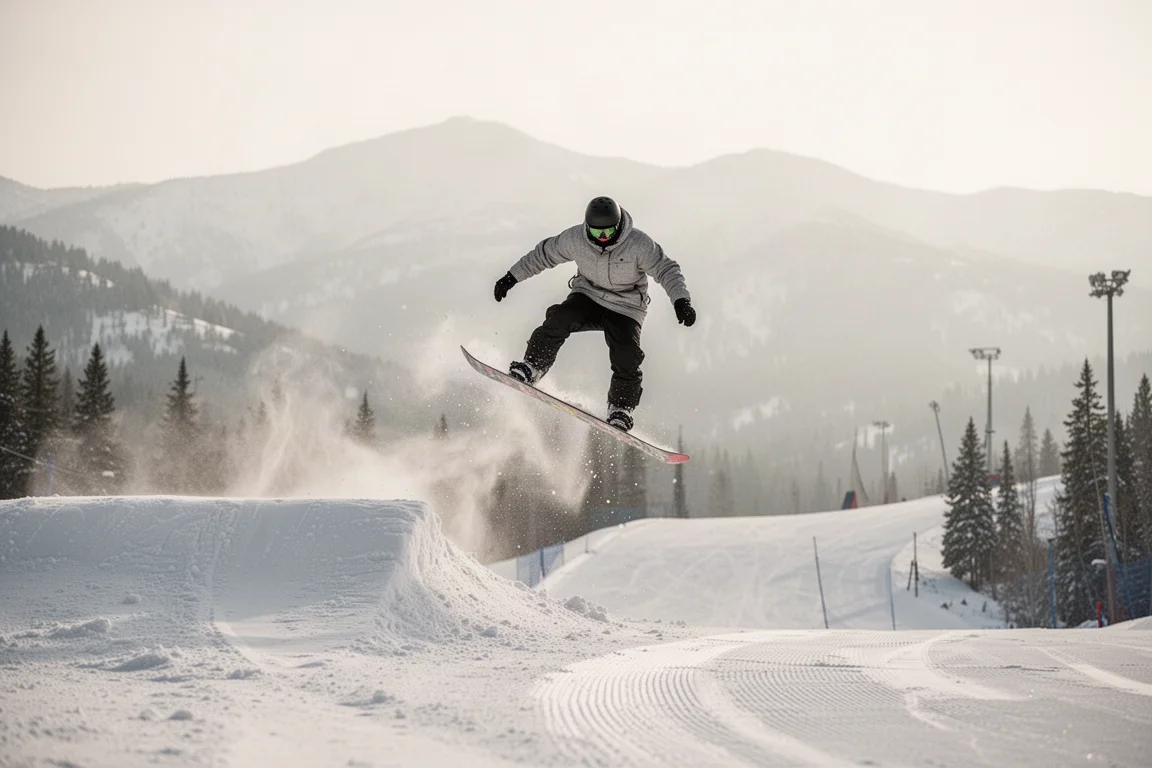 Snowboarder hitting a small side hit beside a groomed run