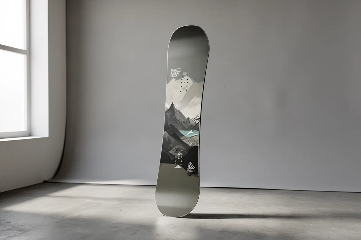 Freestyle'owa deska snowboardowa Yes Shifter stojąca pionowo na neutralnym szarym tle