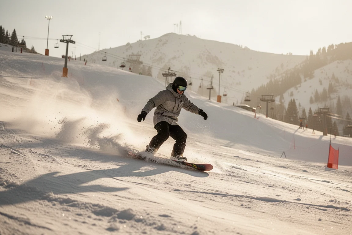 Snowboarder riding soft spring snow under a sunny sky at a mountain resort