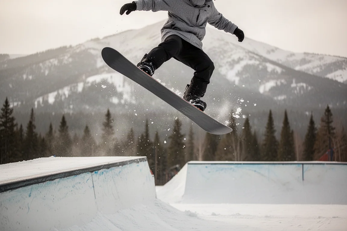 Snowboarder popping off a jump lip with a wide tail visible in mid-air
