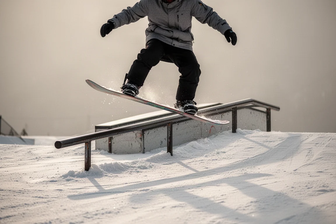 Snowboarder sliding sideways across a rail at a terrain park