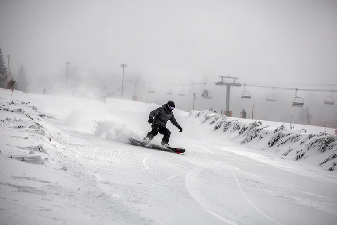 Snowboarder descendo uma pista groomed em um dia frio de neve com condições variáveis