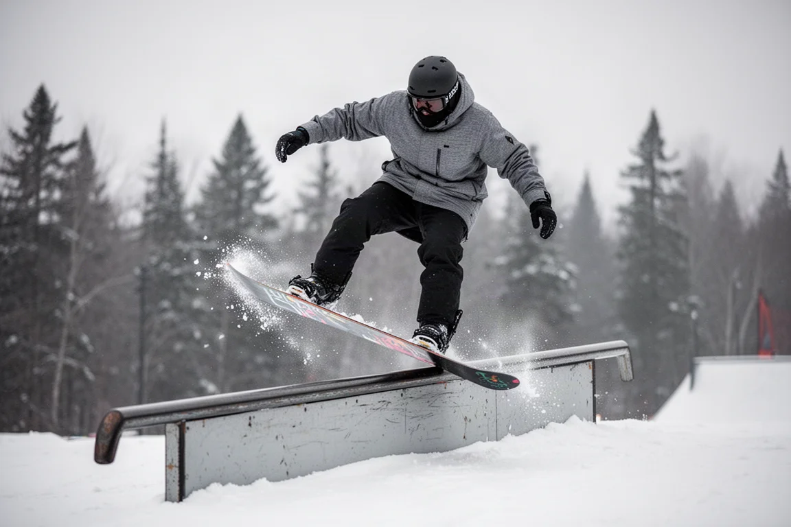 Snowboarder pressionando a cauda da prancha em um rail no parque