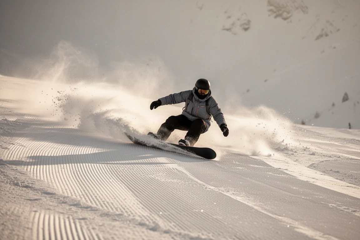 Snowboarder executando uma curva carvada profunda em uma groomed em alta velocidade