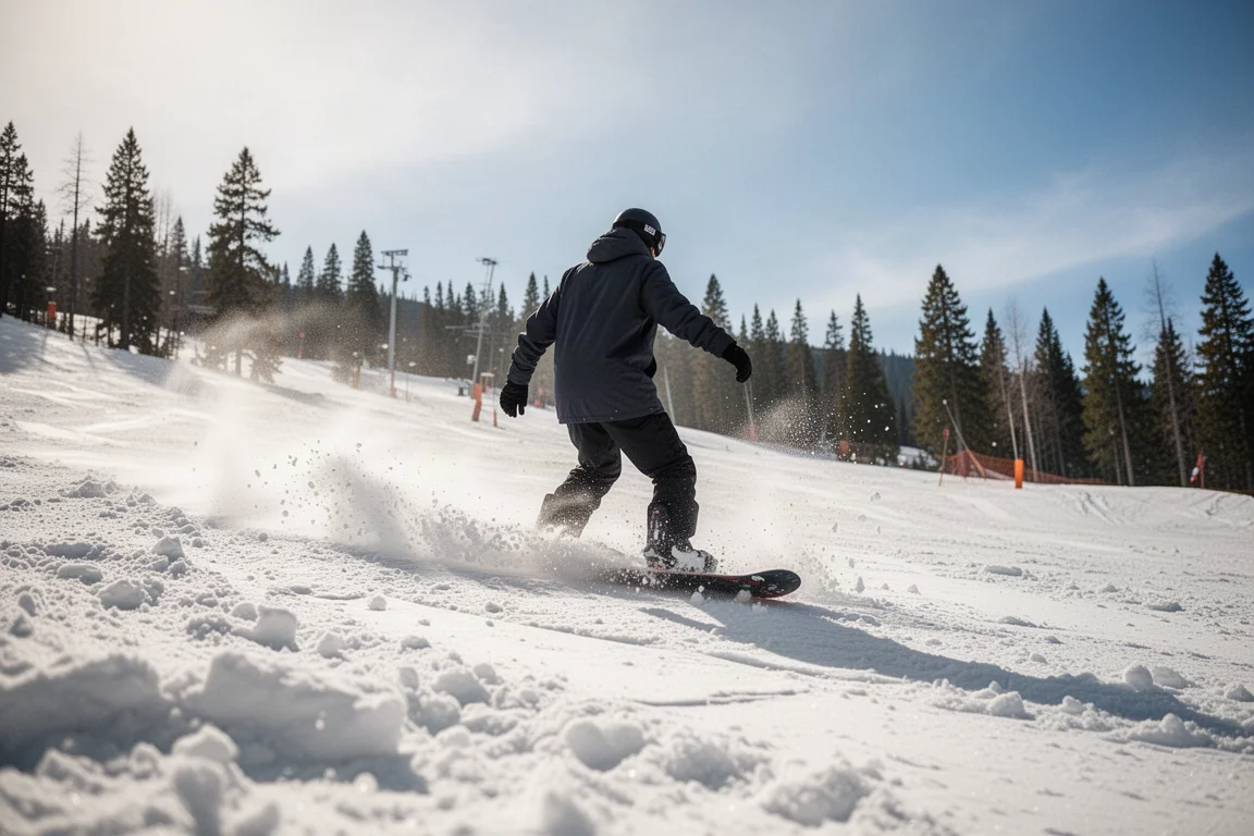 Snowboarder descendo neve picada primaveril em uma pista de resort ensolarada