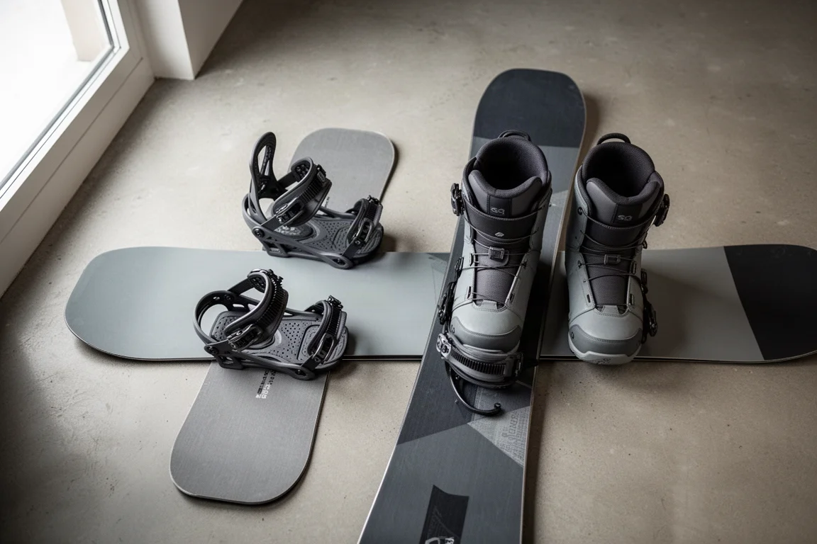 Vista aérea de fixações e botas de snowboard sobre um piso de concreto