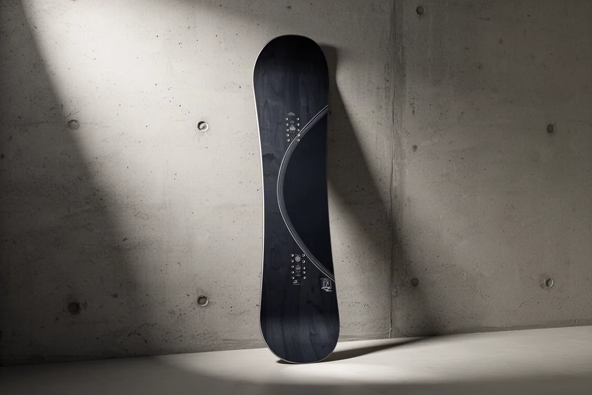 Snowboard with a traditional camber arc leaning against a matte concrete wall