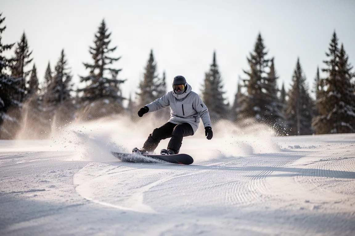 Snowboarder carving a groomed slope under a clear sky with snow spray off the edge