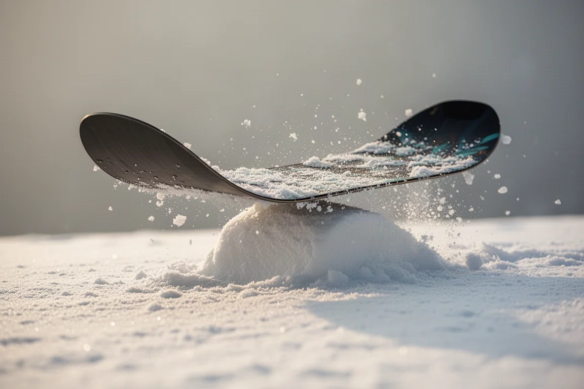 Low-angle detail of a snowboard tail flexing off a snow roller with snow crystals in the sun