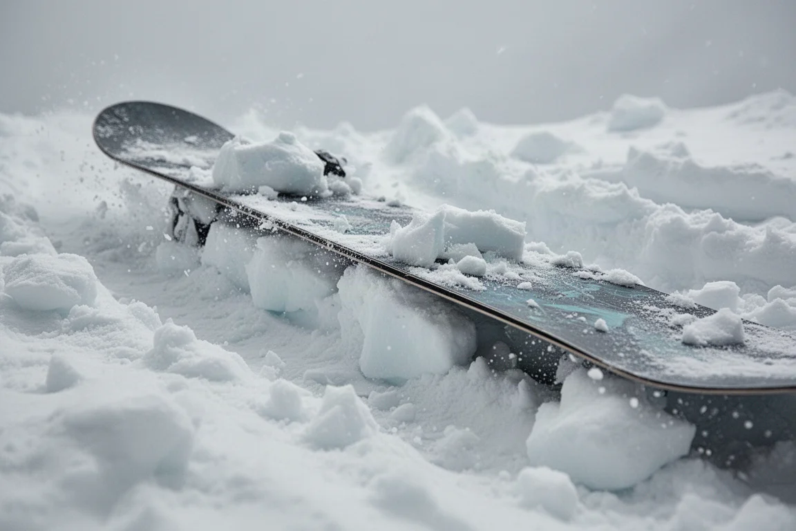 Close-up of a snowboard edge cutting through icy rutted chunder in flat light