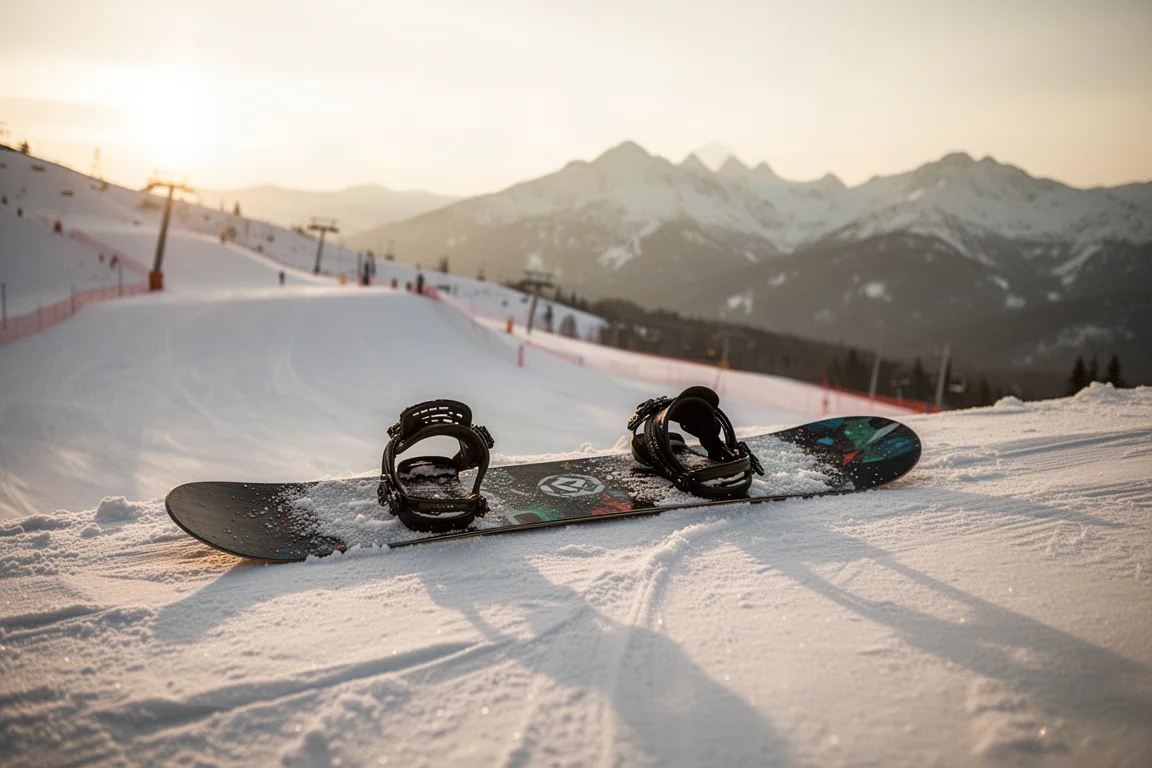 Snowboard resting on a snow-covered ridge at golden hour with distant peaks behind