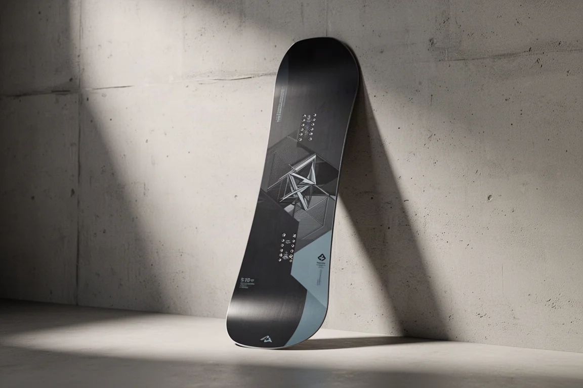 All-mountain freestyle snowboard standing upright against a concrete wall in soft studio light