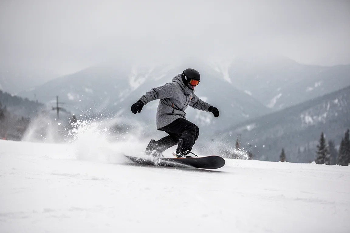 Snowboarder carving a turn on a groomed piste under overcast skies