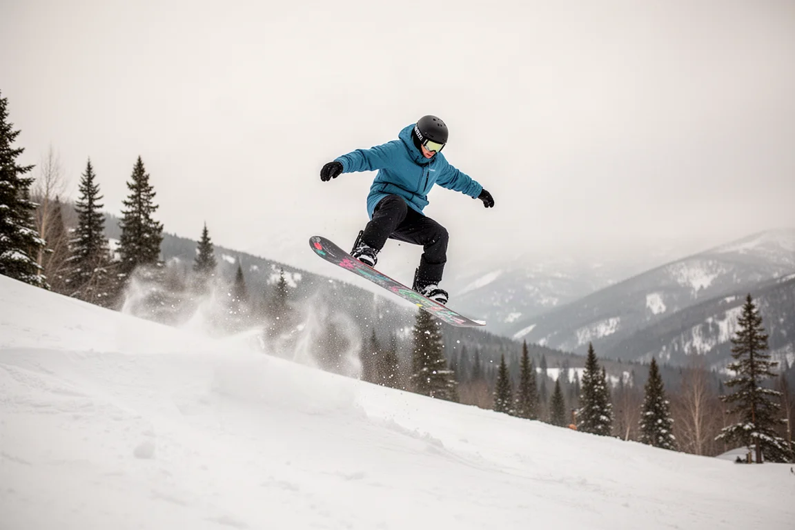Snowboarder launching off a small jump on a mountain trail