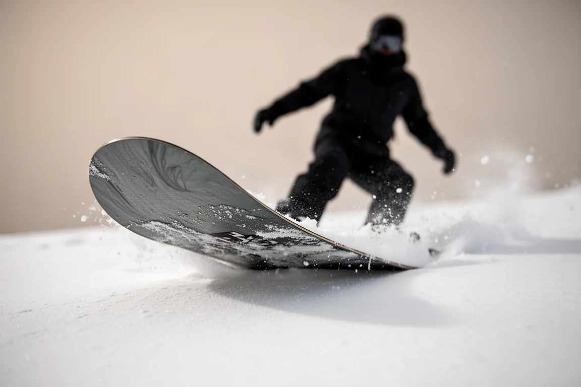 Close-up of a snowboard tail pressed into the snow during a butter