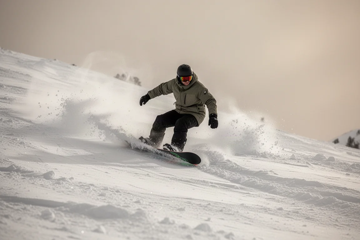Snowboarder carving a short quick turn through uneven terrain