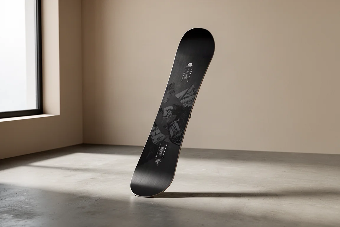 YES Typo snowboard standing upright on a concrete floor in soft light