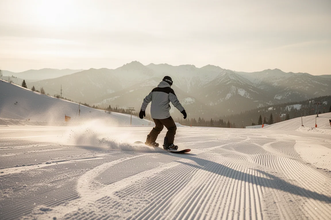 Snowboarder trazando curvas en una pista suave y pisada durante una mañana soleada