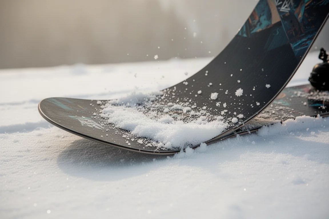 Primer plano de la cola de una tabla de snowboard presionando la nieve en posición de butter