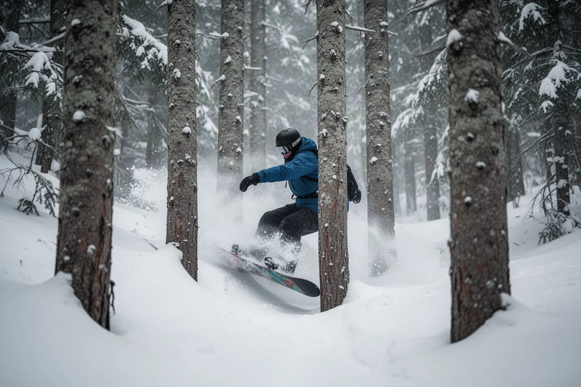 Snowboarder descendiendo entre un bosque estrecho con nieve polvo suave