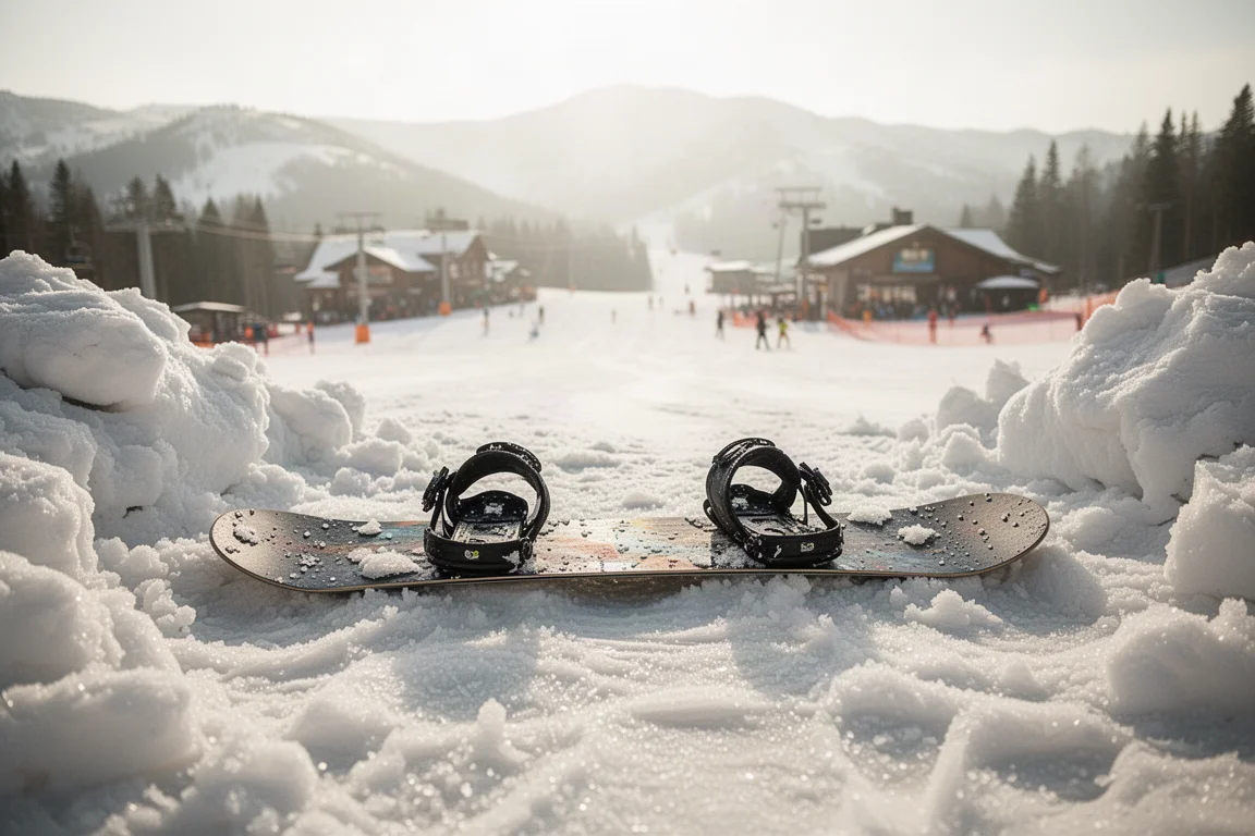 Tabla de snowboard apoyada al final de una pista de nieve derretida por la tarde