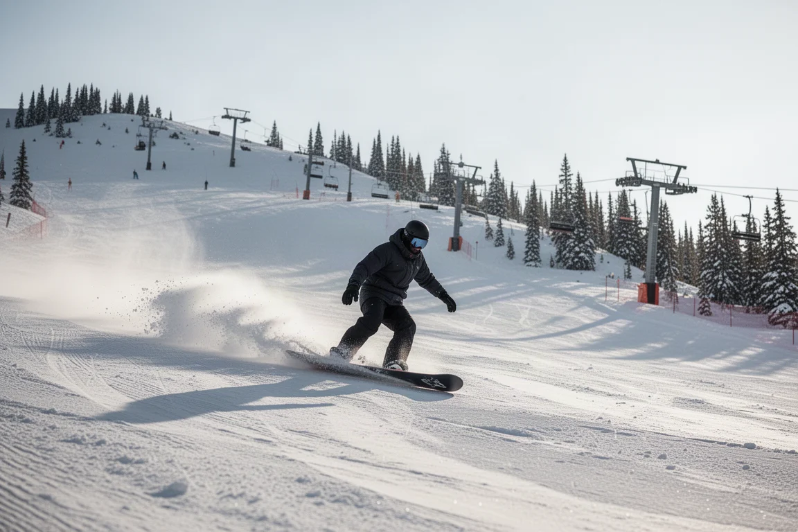 Snowboarder carving a firm groomer at a high alpine resort on a clear day