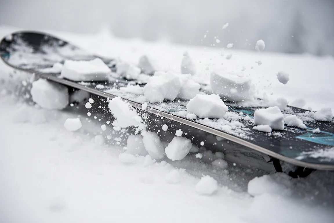 Snowboard edge cutting through heavy chopped snow and chunder