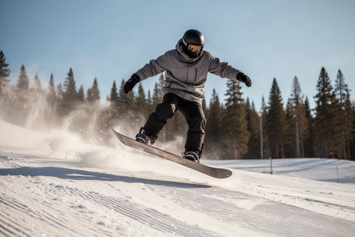 Rider pressing the nose of a snowboard in a butter on a groomed run