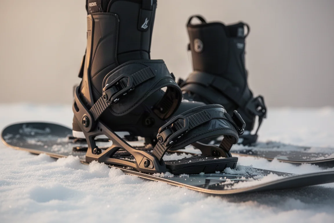 Close-up of a freeride snowboard binding with a boot locked into the highback