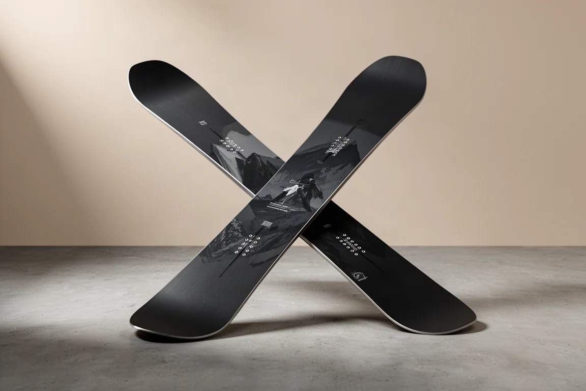 Directional freeride snowboard standing at an angle on a matte concrete surface