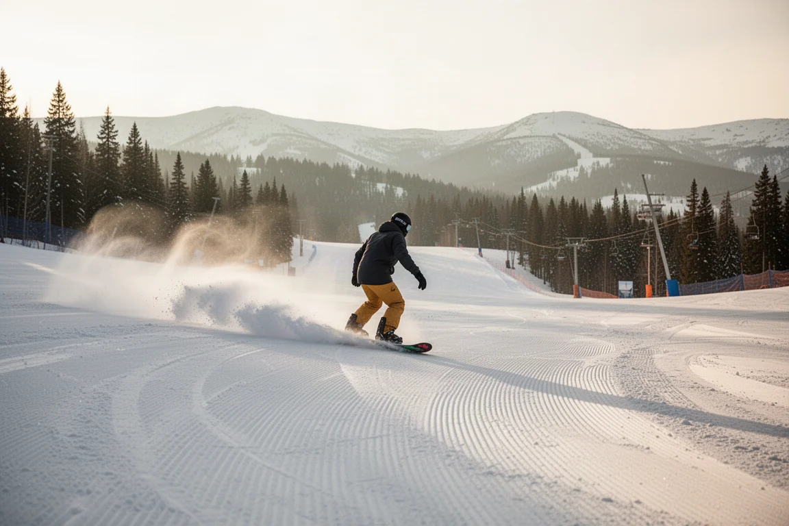 Snowboardeur enchaînant des virages fluides sur une piste damée de station
