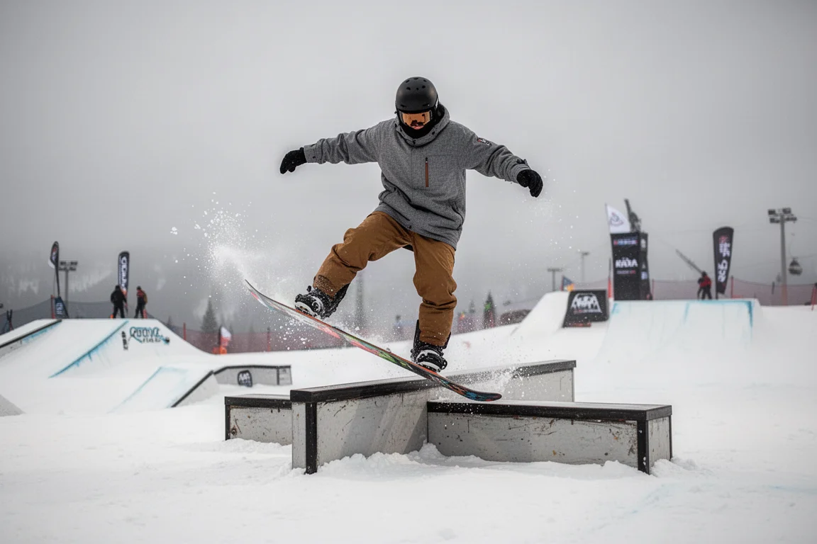 Snowboardeur pressant et butterant un rail dans un snowpark