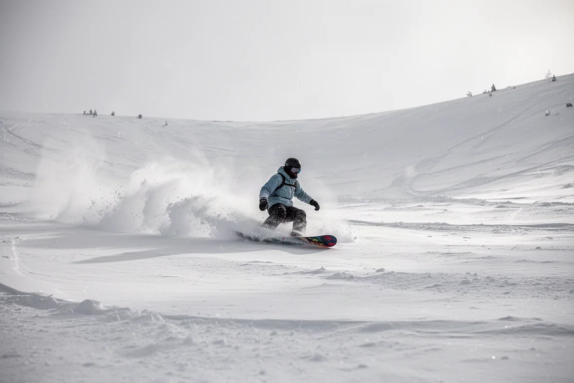 Snowboardeur évoluant dans la poudreuse fraîche hors des pistes