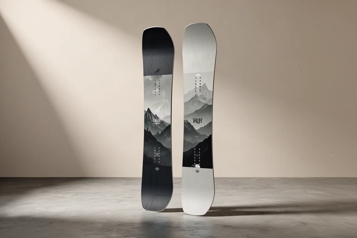 Planche de snowboard YES Women's Basic dressée verticalement sur une surface de béton mat