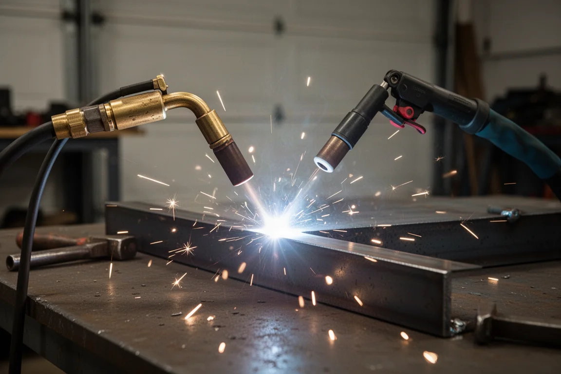 Poste à souder TIG créant un arc lumineux sur une pièce métallique dans un atelier