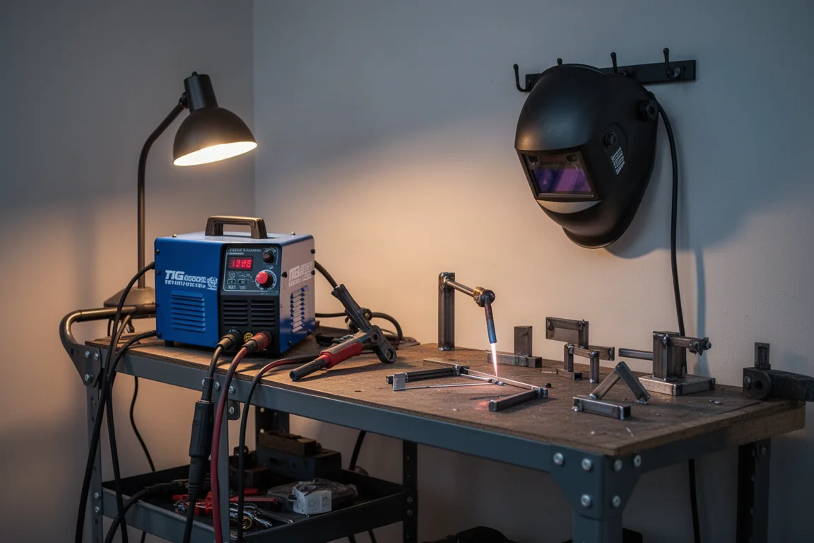 Coin d'atelier compact avec chariot de soudage, casque et projets en métal