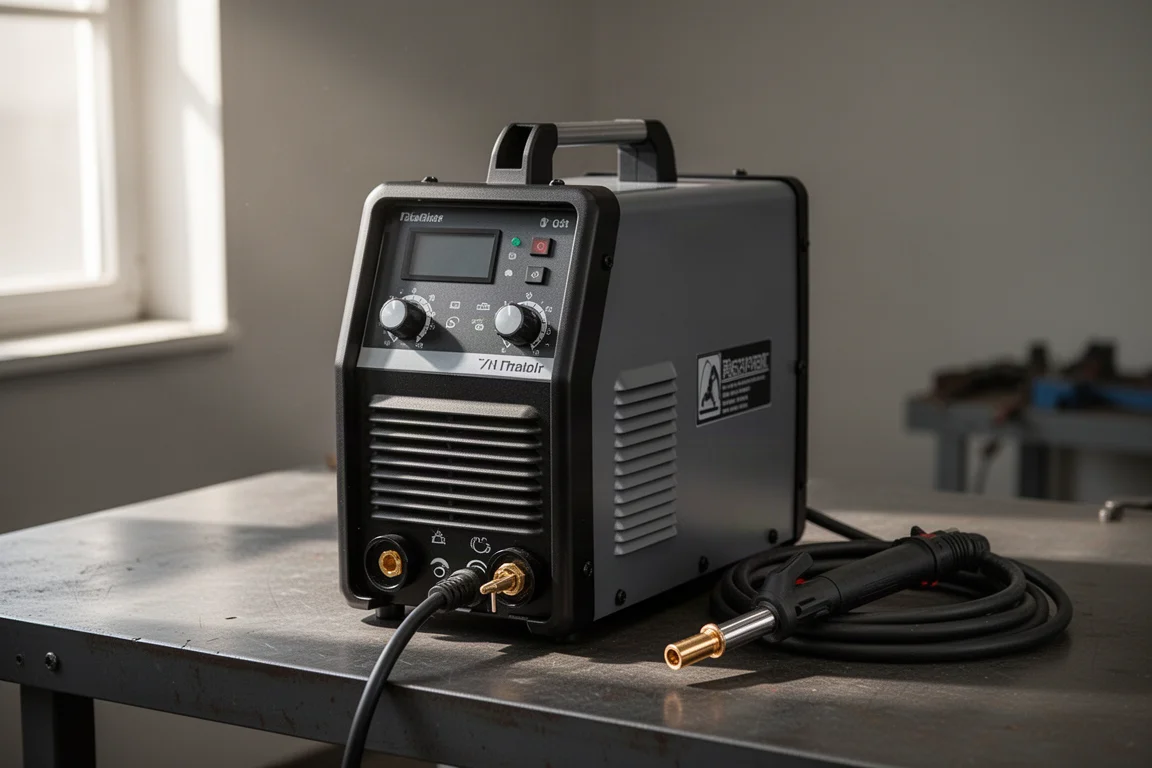 Compact TIG welder machine on a workbench with torch and coiled cables