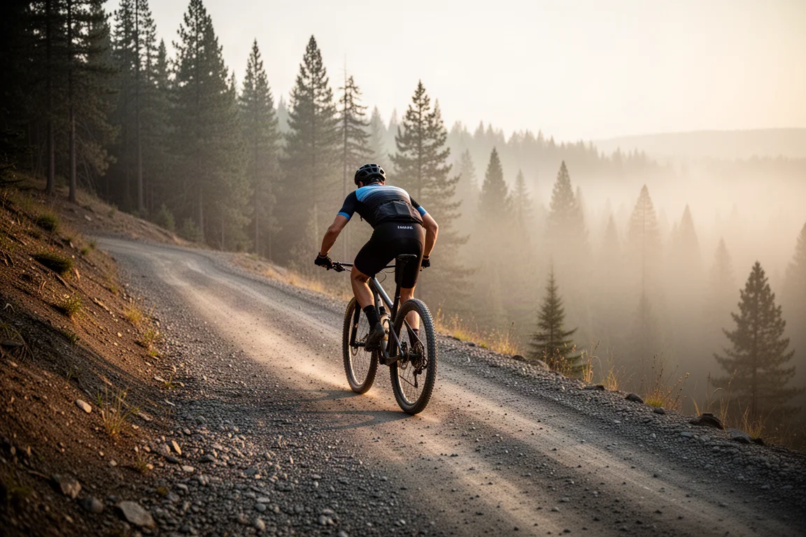 Cross-country-mountainbiker som klättrar en brant skogsbilväg i gryningen