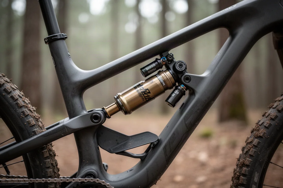 Närbild på en kort bakdämpare på en kolfiberram för mountainbike