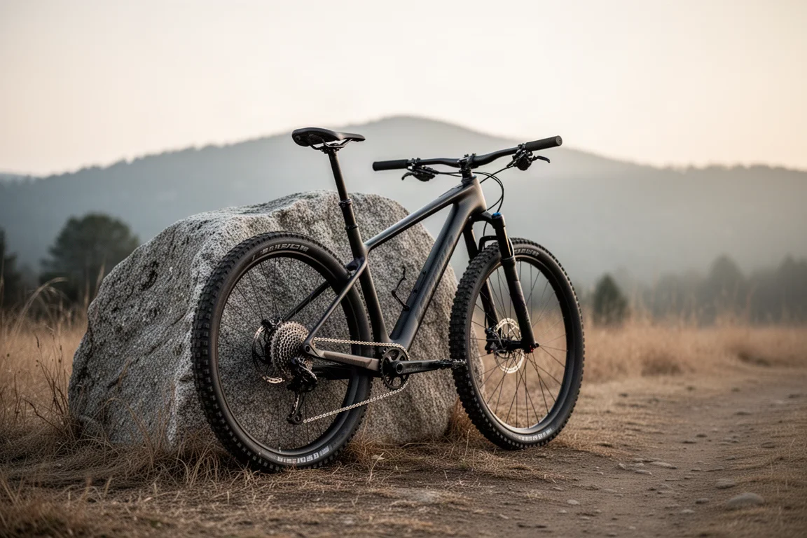 Mountainbike lutad mot en sten vid en stigstart i morgonljus